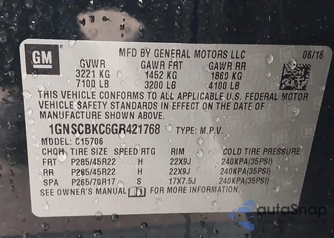 2016 Chevrolet Tahoe Lt z USA, uszkodzony, nr VIN 1GNSCBKC6GR421768